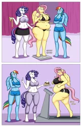 Size: 1600x2462 | Tagged: suggestive, artist:lordstormcaller, derpibooru import, fluttershy, rainbow dash, rarity, anthro, pegasus, unguligrade anthro, unicorn, comic:dieting is magic, belly, belly button, big breasts, bikini, breasts, busty fluttershy, busty rainbow dash, busty rarity, butt, chubby, clothes, comic, exercise, fat, fattershy, female, females only, fetish, food, image, jiggle, jogging, jpeg, measuring tape, muffin top, onomatopoeia, pie, scale, shorts, sound effects, stomach, sweat, swimsuit, thighs, thunder thighs, treadmill, trio, trio female, weight gain, weight loss, wide hips