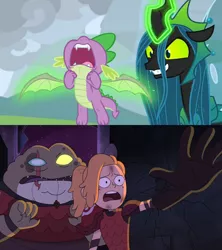 Size: 1920x2160 | Tagged: safe, derpibooru import, edit, edited screencap, screencap, queen chrysalis, spike, changeling, changeling queen, dragon, season 9, the ending of the end, spoiler:s09, amphibia, captain grime, comparison, disney, evil grin, female, grin, image, nose in the air, png, sasha waybright, smiling, ultimate chrysalis, winged spike, wing pull, wings