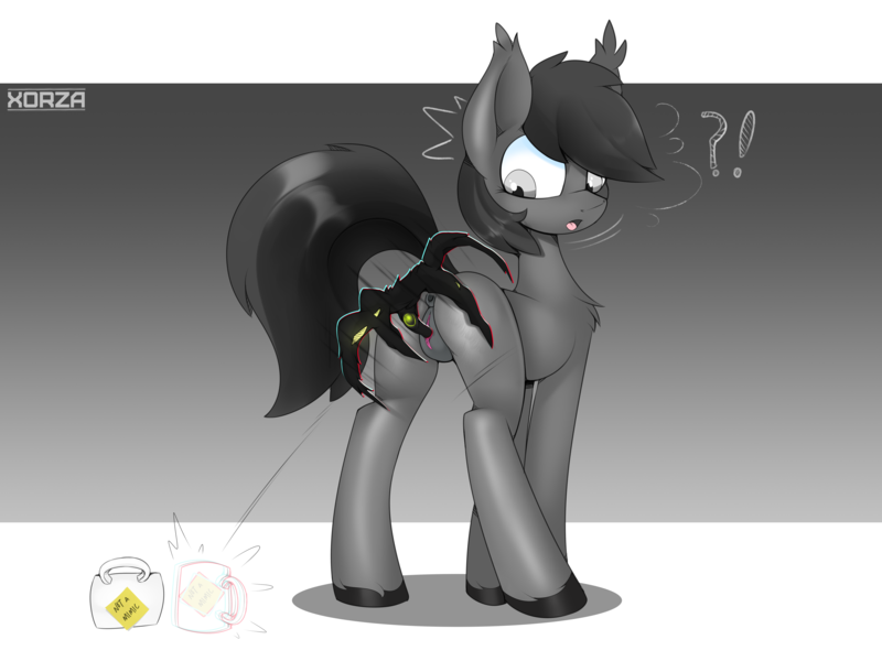 Size: 8000x6000 | Tagged: explicit, artist:xorza, derpibooru import, oc, oc:grey matter, unofficial characters only, earth pony, mimic, pony, anus, earth pony oc, exclamation point, female, image, insertion, interrobang, looking back, mare, mug, nudity, png, prey (video game), question mark, simple background, surprised, typhon, vaginal insertion, vulva