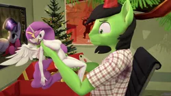 Size: 3840x2160 | Tagged: suggestive, artist:silkworm205, derpibooru import, princess celestia, oc, oc:anon, alicorn, anthro, earth pony, princess molestia, 3d, alternate mane color, anoncolt, breasts, christmas, christmas presents, christmas tree, clothes, computer screen, creepy doll, derpibooru exclusive, doll, fear, featureless breasts, female, high res, holiday, horn, image, kiss mark, lipstick, png, red lipstick, revamped anthros, size difference, solo, source filmmaker, toy, tree, wings