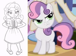 Size: 546x405 | Tagged: safe, artist:jklrxdk, derpibooru import, sweetie belle, human, sisterhooves social, comparison, female, humanized, image, jpeg, screencap reference, solo, traditional art, unamused