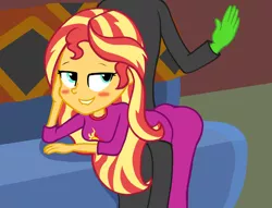 Size: 950x726 | Tagged: suggestive, derpibooru import, part of a set, sunset shimmer, oc, oc:anon, equestria girls, anon in equestria, blushing, clothes, image, jpeg, over the knee, pajamas, smiling, spank me, spanking, sunset's apartment