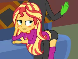 Size: 458x350 | Tagged: suggestive, derpibooru import, part of a set, sunset shimmer, equestria girls, anonymous, black panties, blushing, clothes, image, jpeg, over the knee, panties, pants, pants down, smiling, spank me, spanking, sunset's apartment, underwear