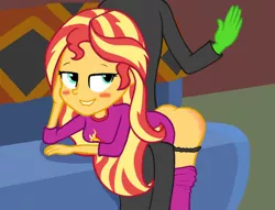 Size: 458x350 | Tagged: suggestive, derpibooru import, part of a set, sunset shimmer, equestria girls, anonymous, black panties, blushing, bunset shimmer, butt, clothes, image, jpeg, over the knee, panties, panties pulled down, pants, pants down, reddened butt, spank mark, spank me, spanked, spanking, sunset's apartment, underwear