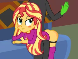 Size: 458x350 | Tagged: suggestive, derpibooru import, part of a set, sunset shimmer, equestria girls, angry, anonymous, black panties, bunset shimmer, butt, clothes, exploitable meme, image, jpeg, meme, over the knee, panties, panties pulled down, pants, pants down, pouting, reddened butt, spank mark, spanked, spanking, sunset is disgusted, sunset shimmer is not amused, unamused, underwear