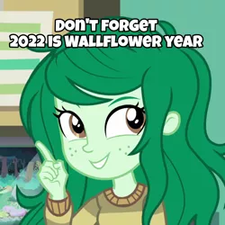 Size: 1080x1080 | Tagged: safe, derpibooru import, screencap, wallflower blush, equestria girls, equestria girls series, forgotten friendship, 2022, caption, cropped, female, fgsfds, grin, happy, image, image macro, png, pointing, reminder, smiling, solo, text, wallflower year