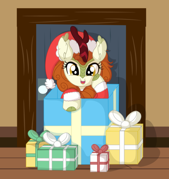 Size: 7476x7954 | Tagged: safe, artist:cyanlightning, derpibooru import, autumn blaze, kirin, .svg available, absurd resolution, box, christmas, clothes, costume, cute, door, female, hat, holiday, image, png, pony in a box, present, santa costume, santa hat, smiling, solo, vector