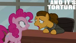 Size: 1280x720 | Tagged: safe, derpibooru import, edit, edited screencap, editor:quoterific, screencap, cheese sandwich, pinkie pie, earth pony, pony, season 9, the last laugh, spoiler:s09, clothes, female, image, jacket, jpeg, male, mare, open mouth, sad, stallion