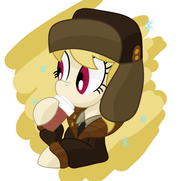 Size: 1700x1700 | Tagged: safe, artist:notadeliciouspotato, derpibooru import, march gustysnows, earth pony, pony, bust, clothes, coat, cup, female, hat, hoof hold, image, mare, png, sipping, snow, snowflake, solo, ushanka