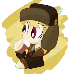 Size: 1700x1700 | Tagged: safe, artist:notadeliciouspotato, derpibooru import, march gustysnows, earth pony, pony, bust, clothes, coat, cup, female, hat, hoof hold, image, mare, png, sipping, snow, snowflake, solo, ushanka