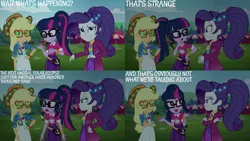 Size: 1280x720 | Tagged: safe, derpibooru import, edit, edited screencap, editor:quoterific, screencap, applejack, rarity, sci-twi, twilight sparkle, equestria girls, equestria girls series, inclement leather, female, geode of super strength, geode of telekinesis, glasses, image, jpeg, magical geodes, music festival outfit, open mouth, open smile, ponytail, smiling