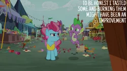 Size: 1280x720 | Tagged: safe, derpibooru import, edit, edited screencap, editor:quoterific, screencap, cup cake, spike, dragon, earth pony, pony, season 9, the big mac question, spoiler:s09, female, image, jpeg, male, mare, open mouth, open smile, smiling, winged spike, wings
