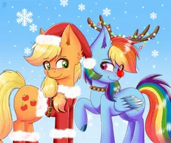 Size: 2419x2035 | Tagged: safe, artist:galaxy swirl, derpibooru import, applejack, rainbow dash, earth pony, pegasus, pony, appledash, christmas, clothes, costume, female, hat, high res, holiday, image, jpeg, lesbian, reindeer dash, santa costume, santa hat, shipping