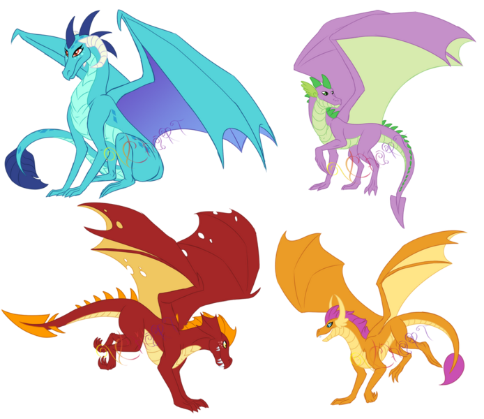 Size: 1024x885 | Tagged: source needed, safe, artist:vchart920, derpibooru import, garble, princess ember, smolder, spike, dragon, dragon lord ember, image, older, older smolder, older spike, png, winged spike, wings