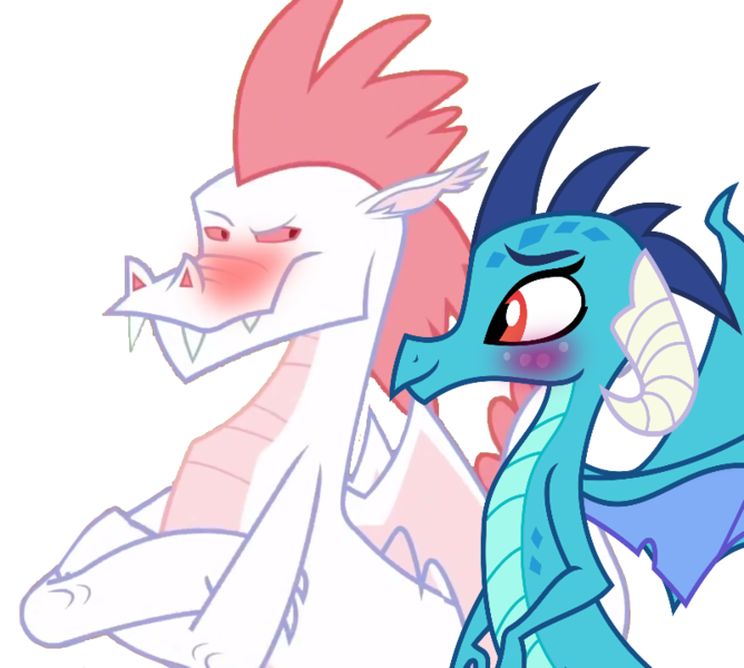 Size: 800x719 | Tagged: artist needed, safe, derpibooru import, edit, vector edit, fizzle, princess ember, blushing, crossed arms, female, fizzlember, husband and wife, image, male, png, shipping, simple background, smiling, straight, transparent background, vector