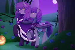 Size: 1280x853 | Tagged: safe, artist:mylittlesheepy, derpibooru import, oc, oc:amelia, oc:freya, unofficial characters only, bat pony, pony, bat pony oc, bat wings, cloak, clothes, duo, fangs, flower, halloween, holiday, image, jack-o-lantern, looking at each other, looking at someone, night, night guard, nightmare night, path, png, pumpkin, royal gardens, slit eyes, slit pupils, stroll, wings