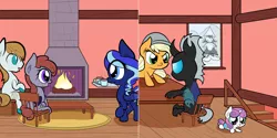 Size: 1602x800 | Tagged: safe, artist:wadusher0, derpibooru import, applejack, princess flurry heart, oc, oc:lukida, oc:moonshine dusk, oc:topaz moon, changeling, fireplace, image, png