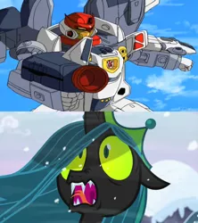 Size: 1920x2160 | Tagged: safe, derpibooru import, edit, edited screencap, screencap, queen chrysalis, changeling, changeling queen, robot, season 9, the ending of the end, spoiler:s09, autobot, blaster, female, image, jetfire, png, shrunken pupils, transformers, transformers armada, ultimate chrysalis, weapon