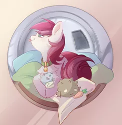 Size: 1644x1680 | Tagged: safe, artist:waterfall dream, derpibooru import, roseluck, pony, behaving like a cat, collar, commission, commissioner:doom9454, fluffy, image, png, pony pet, rosepet, tongue out, toy, washing machine