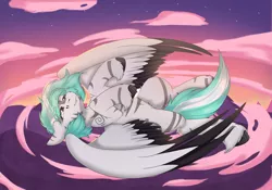 Size: 4500x3150 | Tagged: safe, artist:rokosmith26, derpibooru import, oc, oc:rokosmith, unofficial characters only, pegasus, pony, belly, chin fluff, cloud, cloudy, colored wings, complex background, cute, falling, fangs, female, floppy ears, heterochromia, image, mare, markings, pegasus oc, png, sky, smiling, solo, spread wings, stars, stripes, tail, tribal markings, two toned mane, two toned wings, unshorn fetlocks, wings