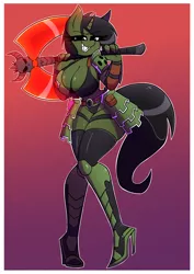 Size: 1613x2281 | Tagged: suggestive, artist:nelljoestar, derpibooru import, oc, oc:grim fate, unofficial characters only, anthro, plantigrade anthro, unicorn, armor, axe, battle axe, big breasts, breasts, butt, curvy, doom, doom eternal, female, horn, hourglass figure, image, jpeg, large butt, marauder, sharp teeth, smiling, solo, teeth, unconvincing armor, unicorn oc, weapon