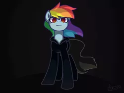 Size: 1200x900 | Tagged: safe, artist:flitter-fly, derpibooru import, rainbow dash, pegasus, pony, fanfic:rainbow factory, black background, black suit, dyed tail, evil, fanfic art, female, fire, frown, image, looking forward, mare, pegasus device, png, rainbow factory dash, signature, simple background, tail