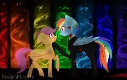 Size: 1024x643 | Tagged: semi-grimdark, artist:dragonpilyale, derpibooru import, rainbow dash, scootaloo, pegasus, pony, fanfic:rainbow factory, absentia, black suit, blood, blood splatter, evil, evil grin, evil rainbow dash, fanfic art, female, folded wings, glow, glowing eyes, grin, image, liquid rainbow, looking at each other, looking at someone, mare, one leg raised, pegasus device, png, rainbow factory dash, rainbow factory logo, signature, smiling, spectra, this will end in death, this will end in tears, this will end in tears and/or death, wings