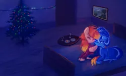 Size: 2136x1283 | Tagged: safe, artist:menalia, derpibooru import, oc, oc:freezy coldres, oc:shiny flames, unofficial characters only, pegasus, pony, unicorn, alcohol, bed, christmas, christmas tree, clothes, dark room, door, dress, female, happy, holiday, image, implied unicorn, lesbian, lying down, mare, new year, painting, pants, png, room, smiling, sweater, table, tree, wine, wings