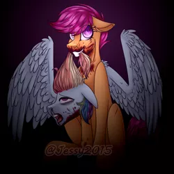Size: 2000x2000 | Tagged: grimdark, artist:jessy2015, derpibooru import, rainbow dash, scootaloo, pegasus, pony, fanfic:pegasus device, fanfic:rainbow factory, absentia, blood, dead, decapitated, decapitation, evil, evil grin, evil scootaloo, eviloo, fanfic art, grin, image, implied murder, mouth hold, pegasus wings, png, rainbow dash's wings, redraw, severed head, severed limb, severed wing, signature, simple background, sitting, smiling, wings