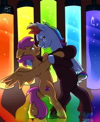 Size: 2312x2819 | Tagged: semi-grimdark, artist:dailyagony, derpibooru import, rainbow dash, scootaloo, pegasus, pony, fanfic:rainbow factory, absentia, alternate hairstyle, bipedal, black suit, blood, crying, cut mane, cut tail, dancing, evil, evil grin, fanfic art, floppy ears, grin, image, lidded eyes, liquid rainbow, looking at each other, looking at someone, older, older scootaloo, pegasus device, png, rainbow blood, redraw, scared, signature, smiling, spectra, splatter, tail
