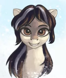 Size: 1396x1654 | Tagged: safe, artist:escapisttwi, edit, edited edit, editor:unofficial edits thread, oc, oc:cold shoulder, unofficial characters only, pony, taiga pony, bust, female, image, jpeg, looking at you, mare, smiling, snow, snowfall, solo