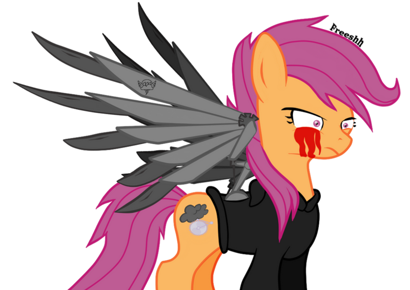 Size: 1024x725 | Tagged: semi-grimdark, artist:freeshh, derpibooru import, scootaloo, pegasus, pony, fanfic:pegasus device, fanfic:rainbow factory, absentia, alternate cutie mark, alternate hairstyle, angry, artificial wings, augmented, black suit, bleeding eyes, blood, evil, evil scootaloo, factory scootaloo, fanfic art, frown, good end?, image, mechanical wing, older, older scootaloo, pegasus device, png, rainbow factory logo, show accurate, shrunken pupils, signature, simple background, transparent background, wings