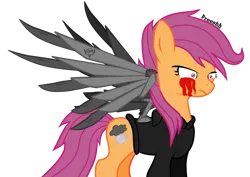 Size: 1024x725 | Tagged: semi-grimdark, artist:freeshh, derpibooru import, scootaloo, pegasus, pony, fanfic:pegasus device, fanfic:rainbow factory, absentia, alternate cutie mark, alternate hairstyle, angry, artificial wings, augmented, black suit, bleeding eyes, blood, evil, evil scootaloo, factory scootaloo, fanfic art, frown, good end?, image, mechanical wing, older, older scootaloo, pegasus device, png, rainbow factory logo, show accurate, shrunken pupils, signature, simple background, transparent background, wings