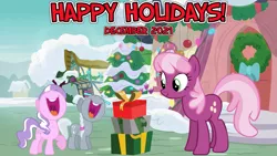Size: 2063x1161 | Tagged: safe, artist:not-yet-a-brony, artist:poniesfromheaven, artist:silentmatten, artist:vector-brony, derpibooru import, cheerilee, diamond tiara, silver spoon, 2021, caroling, christmas, december, happy holidays, hearth's warming, holiday, image, png, ponyville, present, singing, snow, teacher and student, youtube link in the description