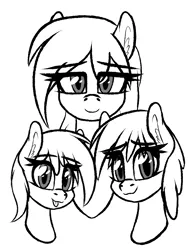 Size: 900x1152 | Tagged: safe, artist:seafooddinner, oc, oc:meadow frost, oc:snowfall, oc:tundra tracker, unofficial characters only, pony, taiga pony, bust, female, filly, image, lidded eyes, looking at you, mare, monochrome, png, portrait, siblings, sisters, smiling, tongue out