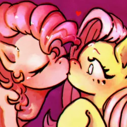 Size: 1000x1000 | Tagged: safe, derpibooru import, fluttershy, pinkie pie, earth pony, pony, cute, eyelashes, female, female focus, females only, flutterpie, heart, image, kissing, lesbian, mare, png, shipping, simple background, solo focus, surprise kiss, surprised