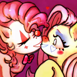 Size: 1000x1000 | Tagged: safe, derpibooru import, fluttershy, pinkie pie, surprise, earth pony, pegasus, pony, boop, bowtie, clown, cute, eyelashes, eyes closed, eyeshadow, female, female focus, females only, flutterpie, heart, image, kissing, lesbian, long mane, makeup, mare, noseboop, png, shipping, solo focus, surprise kiss, surprised