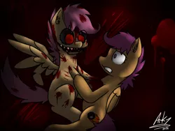 Size: 1024x768 | Tagged: semi-grimdark, artist:arkypony, derpibooru import, scootaloo, demon, pegasus, pony, 2012, alternate cutie mark, black sclera, blood, ear fluff, evil, evil grin, evil scootaloo, female, filly, foal, grabbing, grin, image, inner demons, looking at each other, looking at someone, png, red background, red eyes, scared, signature, simple background, smiling, teeth