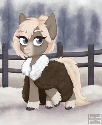 Size: 1800x2200 | Tagged: artist needed, safe, artist:angeldragonqueen, derpibooru import, oc, oc:bundle up, unofficial characters only, pony, taiga pony, brown coat, clothes, coat, eye clipping through hair, eyebrows visible through hair, female, fence, image, jpeg, mare, snow, snowfall, socks (coat marking), solo, unshorn fetlocks, winter