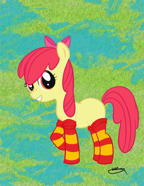 Size: 638x825 | Tagged: safe, artist:bunnimation, derpibooru import, apple bloom, earth pony, pony, clothes, female, filly, foal, freckles, grin, image, looking at you, png, raised hoof, smiling, smiling at you, socks, solo, striped socks