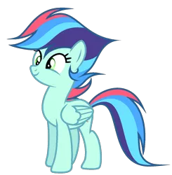 Size: 1272x1300 | Tagged: safe, artist:galaxyswirlsyt, derpibooru import, oc, oc:rainbow blitzes, unofficial characters only, pegasus, pony, female, folded wings, full body, green eyes, image, mare, multicolored mane, multicolored tail, offspring, parent:rainbow dash, parent:soarin', parents:soarindash, pegasus oc, png, show accurate, simple background, smiling, solo, standing, tail, transparent background, wings