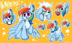 Size: 3574x2139 | Tagged: safe, artist:colorfulcolor233, derpibooru import, rainbow dash, deer, reindeer, chest fluff, cloven hooves, cute, dashabetes, eyes closed, female, high res, image, jpeg, present, reindeer dash, reindeerified, simple background, sleigh bells, smiling, snow, solo, species swap, stars, unshorn fetlocks, yellow background