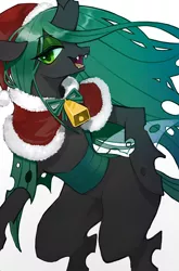 Size: 1348x2048 | Tagged: safe, artist:30clock, derpibooru import, queen chrysalis, changeling, changeling queen, bell, bipedal, bow, christmas, cloak, clothes, female, hat, holiday, image, jpeg, open mouth, santa hat, simple background, solo, white background