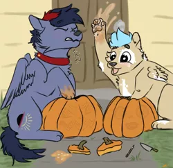 Size: 2005x1938 | Tagged: safe, artist:onyxdr, derpibooru import, oc, oc:dawn chaser, oc:onyx, pony, were-pony, werewolf, halloween, holiday, image, knife, male, paws, png, pumpkin, pumpkin carving, stallion, text