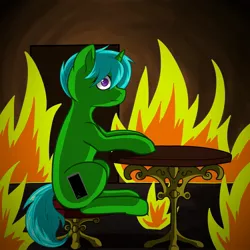 Size: 2160x2160 | Tagged: safe, artist:krotir, derpibooru import, oc, oc:green byte, pony, unicorn, commission, fire, image, jpeg, male, sitting, stallion, this is fine, ych result