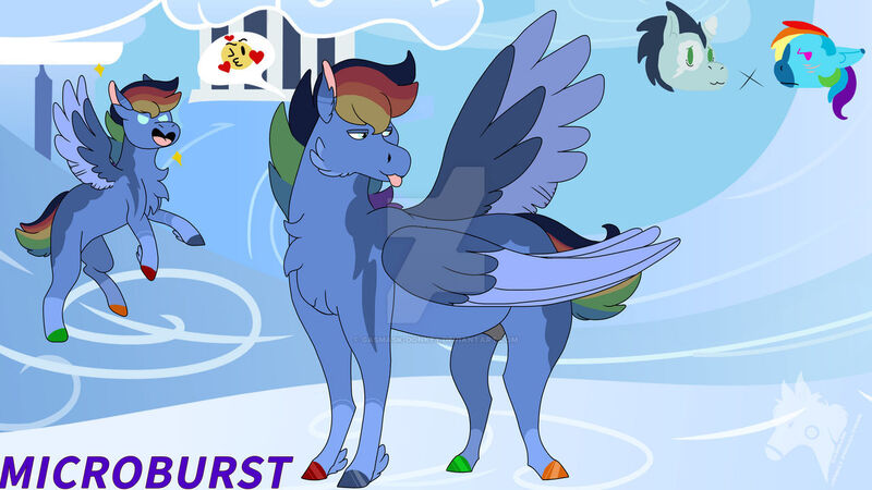 Size: 1280x720 | Tagged: safe, artist:gasmask-donkey, derpibooru import, rainbow dash, soarin', oc, oc:microburst, pony, cloudsdale, female, image, jpeg, male, multicolored hooves, offspring, parent:rainbow dash, parent:soarin', parents:soarindash, shipping, soarindash, stallion, straight