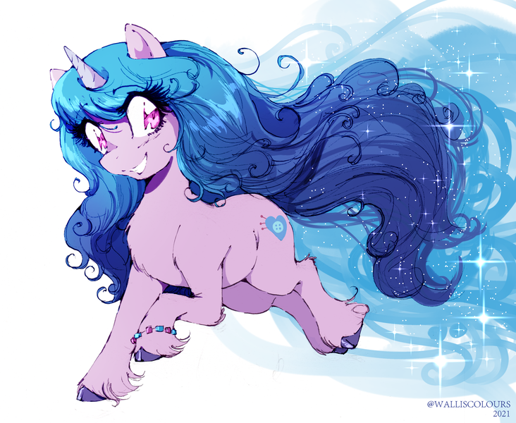 Size: 1720x1410 | Tagged: safe, artist:walliscolours, derpibooru import, izzy moonbow, pony, unicorn, bracelet, ethereal mane, female, g5, grin, image, jewelry, mare, png, smiling, solo, starry mane, teeth