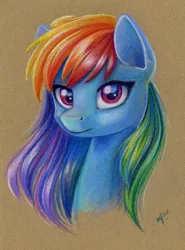 Size: 888x1200 | Tagged: safe, artist:maytee, derpibooru import, rainbow dash, pegasus, pony, bust, colored pencil drawing, image, jpeg, portrait, solo, traditional art