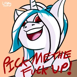 Size: 1200x1200 | Tagged: safe, artist:ukedideka, derpibooru import, oc, oc:glo prizmatica, pony, unicorn, background, image, open mouth, png, smiling, speech, swearing, table, talking, teeth, text, vulgar