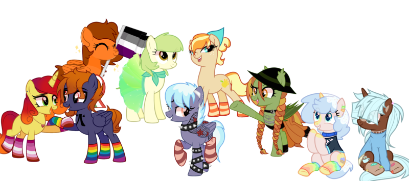 Size: 11138x4937 | Tagged: safe, artist:idkhesoff, artist:lazuli0209, artist:melodysweetheart, artist:misscupcake333, artist:rerorir, artist:rochelle-bases, derpibooru import, oc, oc:basil, oc:charred smoke, oc:golden rose (ice1517), oc:icy dusk, oc:lunar breeze, oc:melania, oc:morning blossom, oc:rainela, oc:veggie tart, unofficial characters only, bat pony, earth pony, pegasus, pony, unicorn, derpibooru community collaboration, 2022 community collab, absurd resolution, anklet, asexual pride flag, bandaid, bandana, base used, bat pony oc, bat wings, bedroom eyes, blank flank, boots, bracelet, choker, clothes, collar, dress, ear piercing, earring, eyes closed, fangs, female, flag, gay pride flag, grin, hat, holding hooves, image, italian, italy, jewelry, lesbian, lesbian pride flag, lip piercing, looking at each other, looking at someone, magical lesbian spawn, mare, markings, necklace, nose piercing, oc x oc, offspring, parent:applejack, parent:cloudchaser, parent:coloratura, parent:thunderlane, parents:rarajack, parents:thunderchaser, piercing, png, pride, pride flag, rainbow socks, raised hoof, raised leg, shipping, shirt, shoes, simple background, skirt, smiling, snake bites, socks, spiked anklet, spiked choker, spiked wristband, striped socks, sun hat, sweater, t-shirt, tattoo, transparent background, tutu, wall of tags, wings, wristband